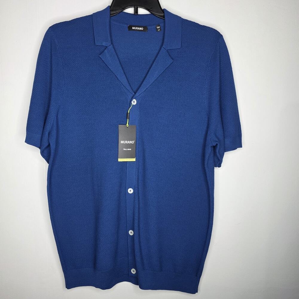 Murano Casual Knit Shirt Mens LT Tall Short Sleeve Button Up Blue Top Sweater